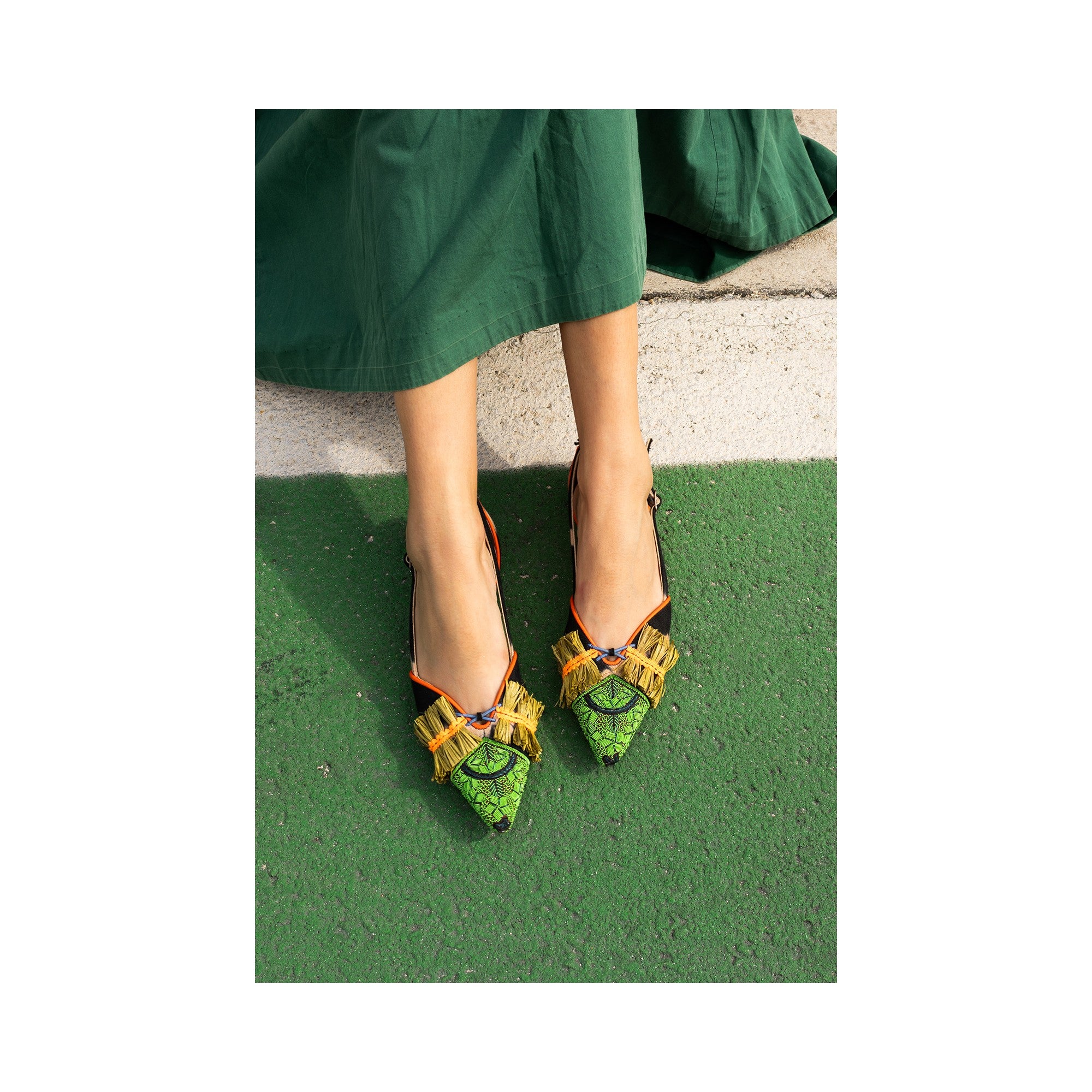 Meher Kakalia Greta Slingback with eco-friendly raffia and luxurious suede leather, hand embroidered.