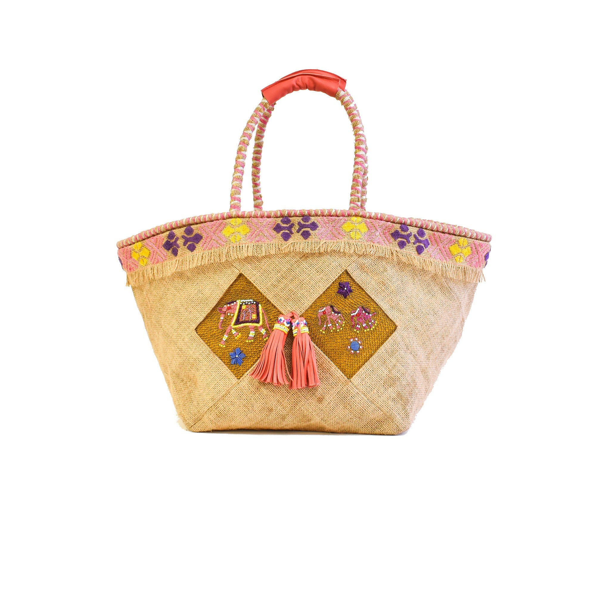 Meher Kakalia KIPLING BASKET large jute tote with elephant embroidery