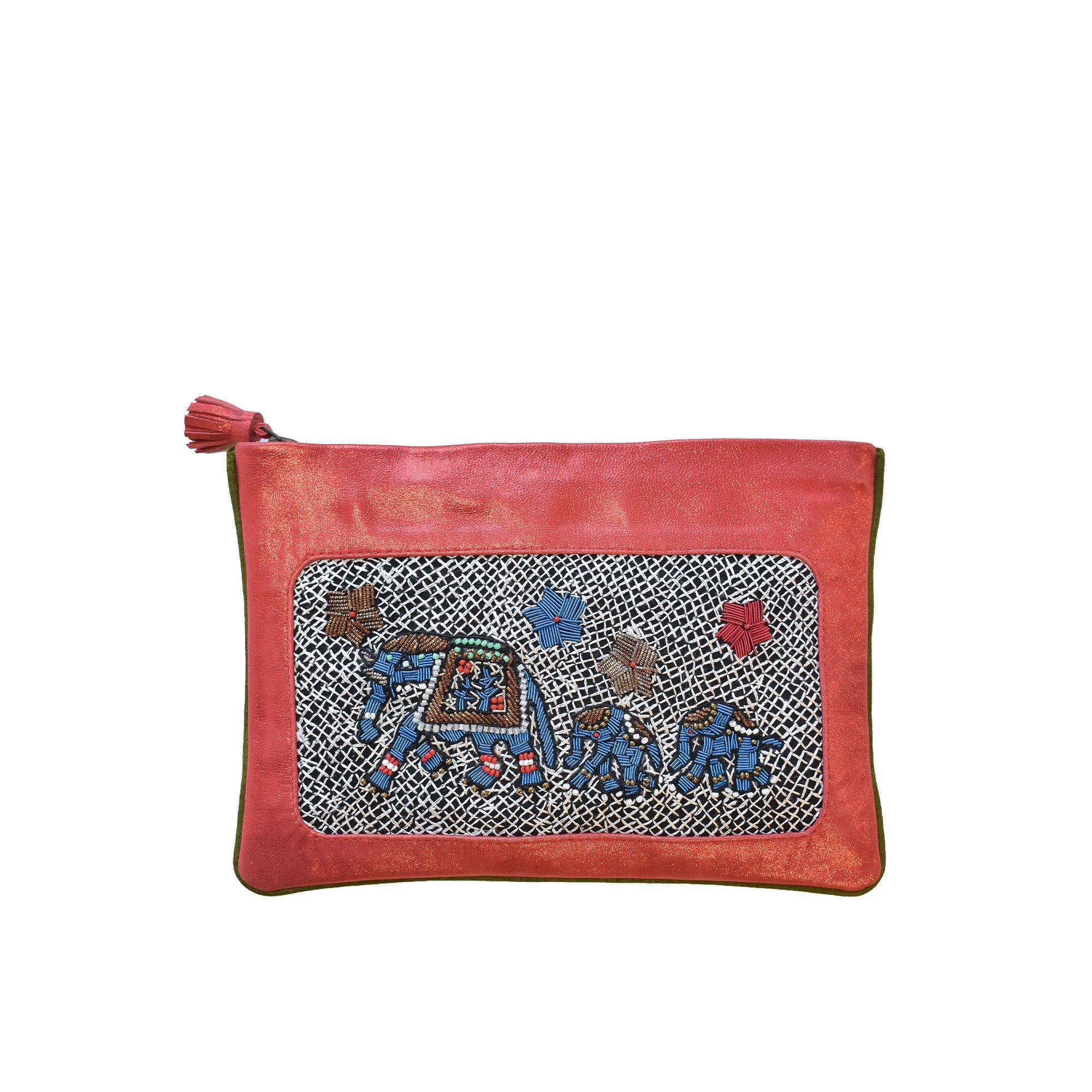 Limited-edition coral leather pochette with blue elephant embroidery by Meher Kakalia (online exclusive)