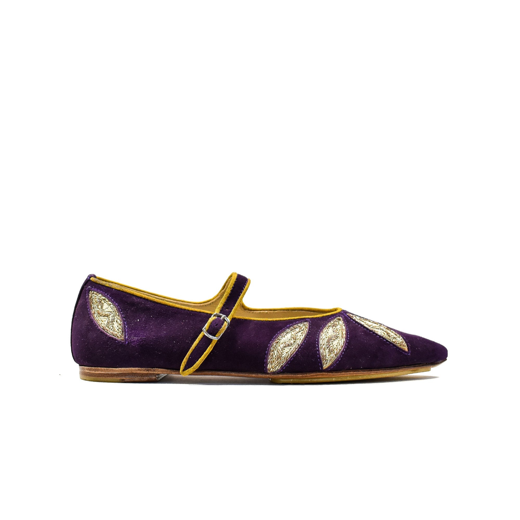 LULU POINT Mary Jane flat in purple suede with metallic leaf embroidery and yellow strap