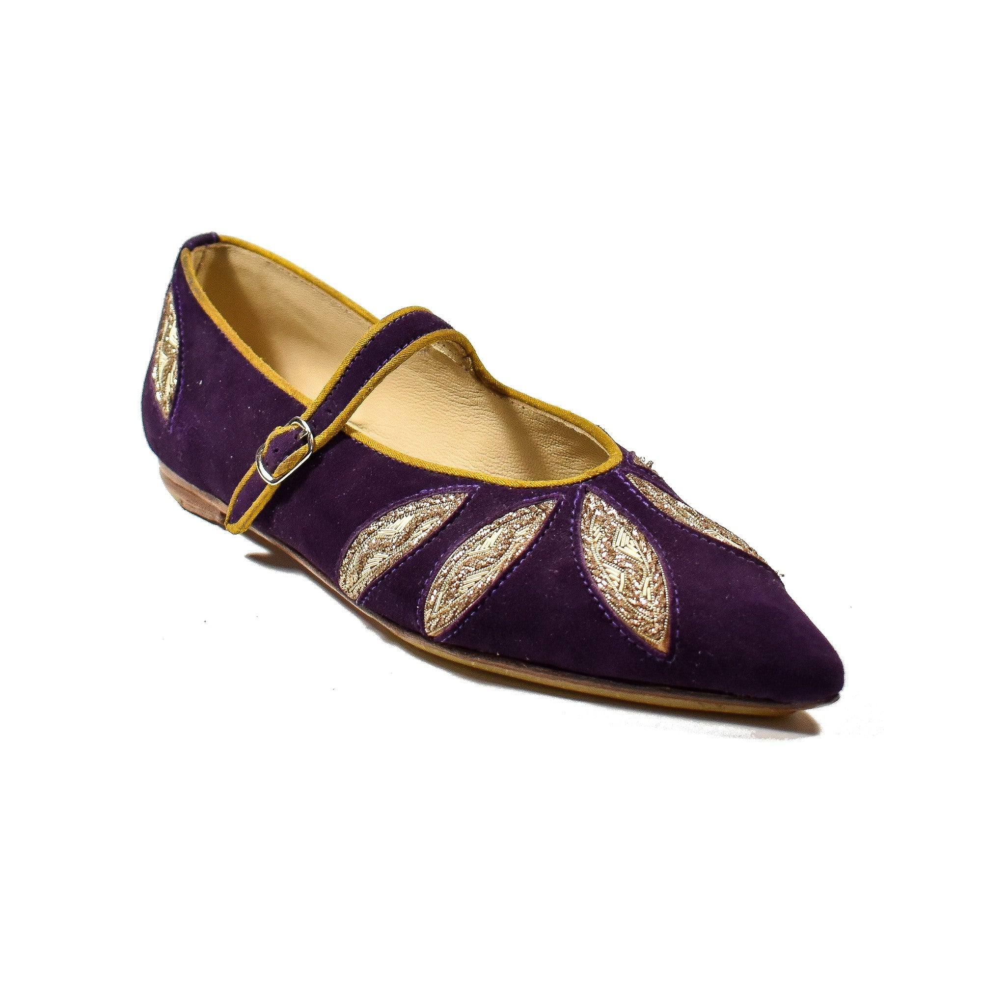 Side view of LULU POINT in suede purple-volga with contrast trim and handcrafted detail