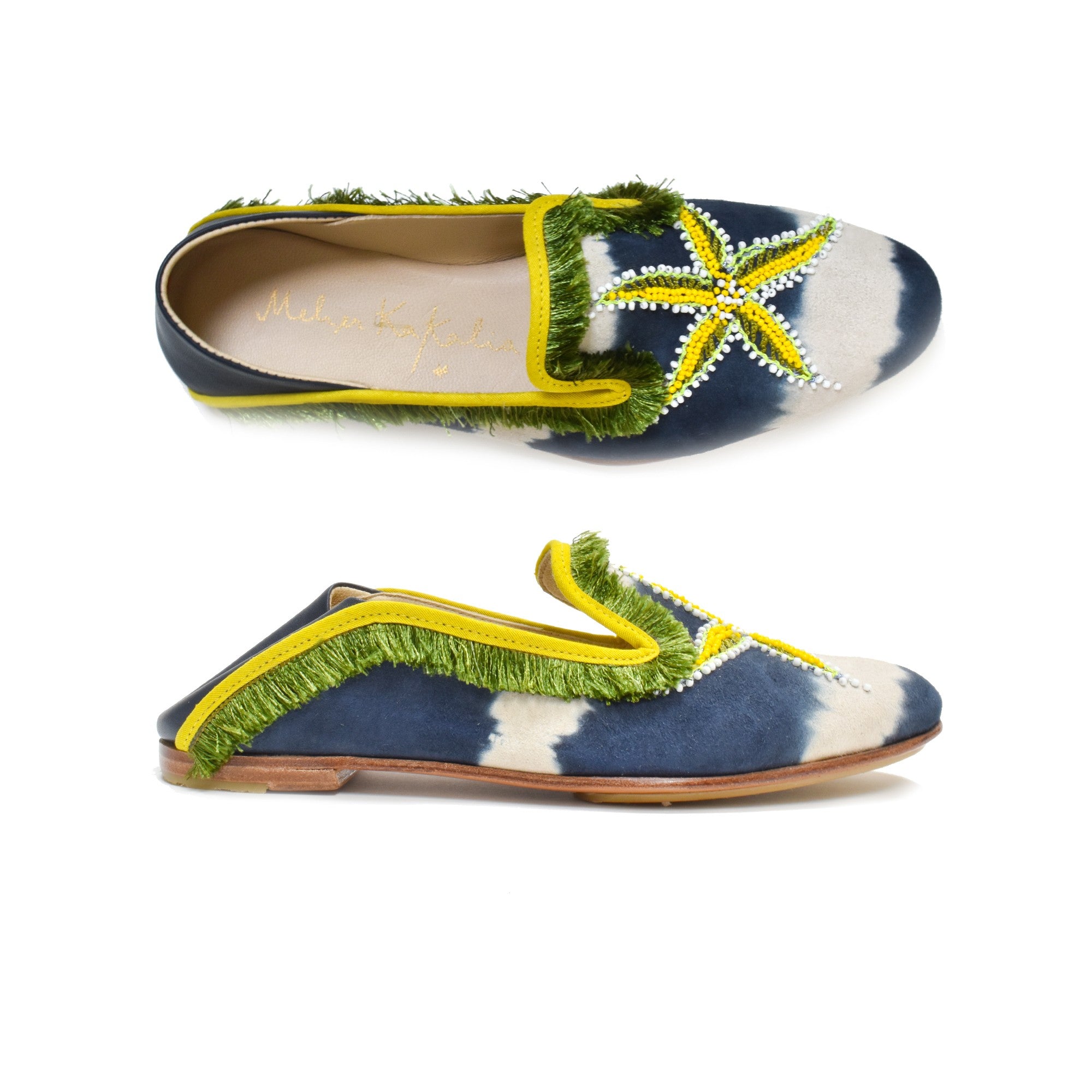 Mazu Moccasin, handmade with tie-dye suede leather and starfish embroidery, perfect for vacation strolls and evening wear.