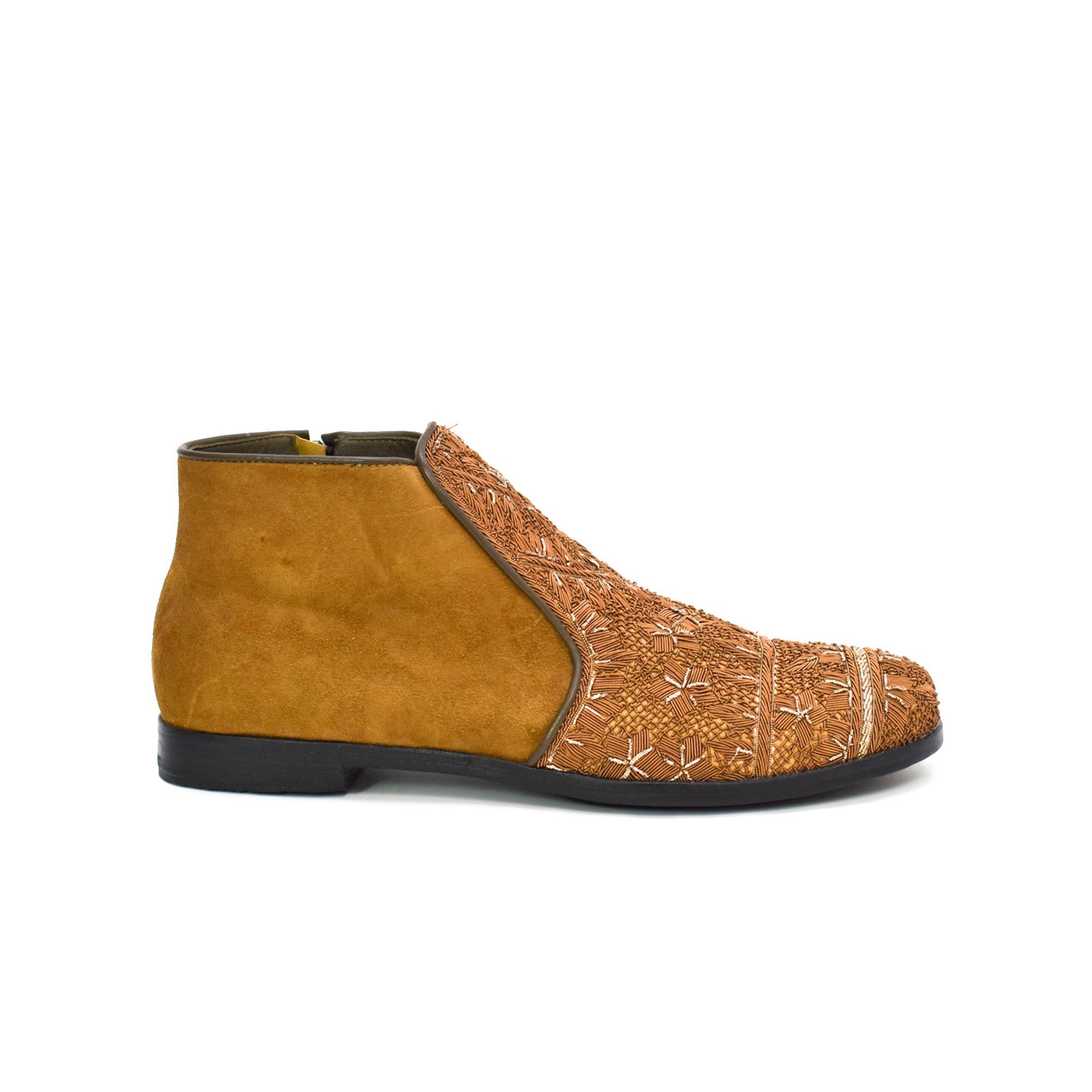 Meher Kakalia men’s embroidered suede ankle boot in spice khaki