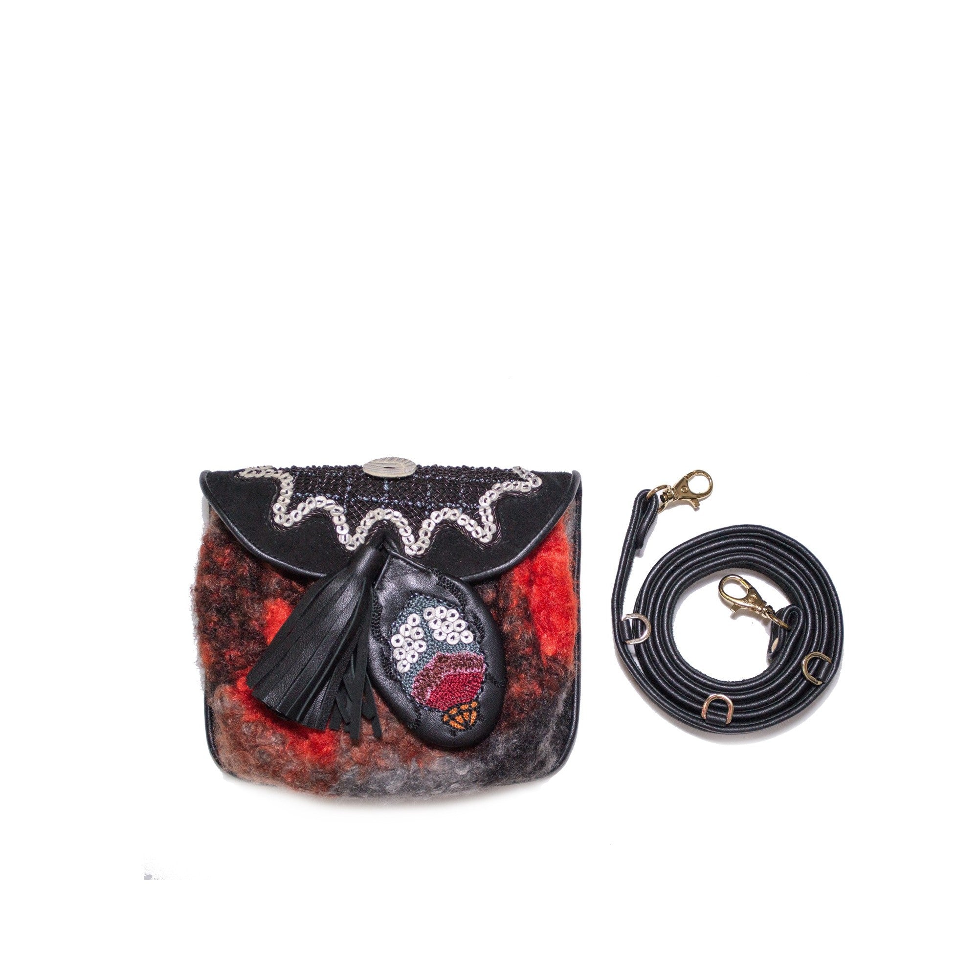 Mini Accordion Bag by Meher Kakalia in black and red faux shearling with leather strap
