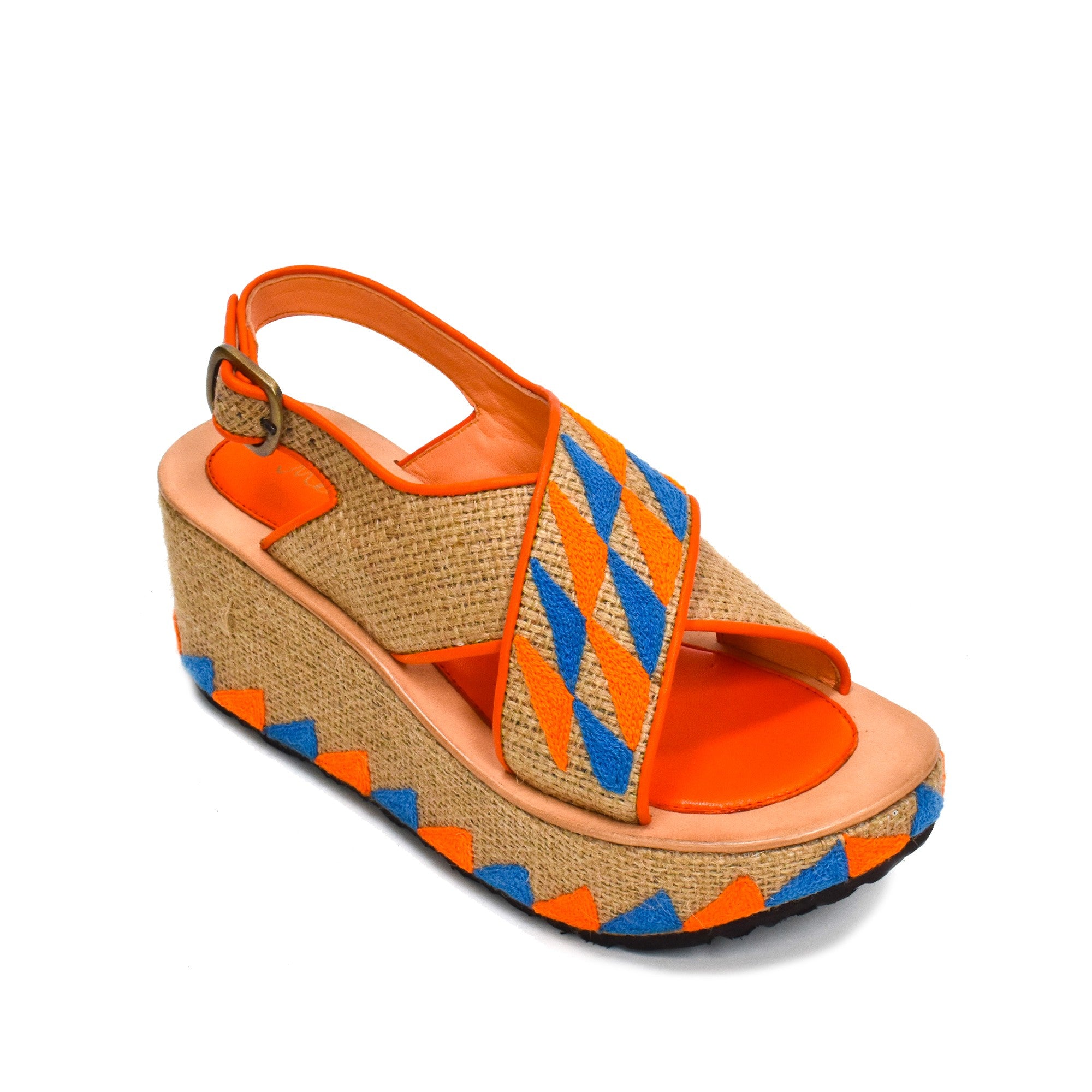 Side view of Ponza Geo Bloc sandals, featuring an adjustable buckle strap, platform wedge, and colourful embroidery.