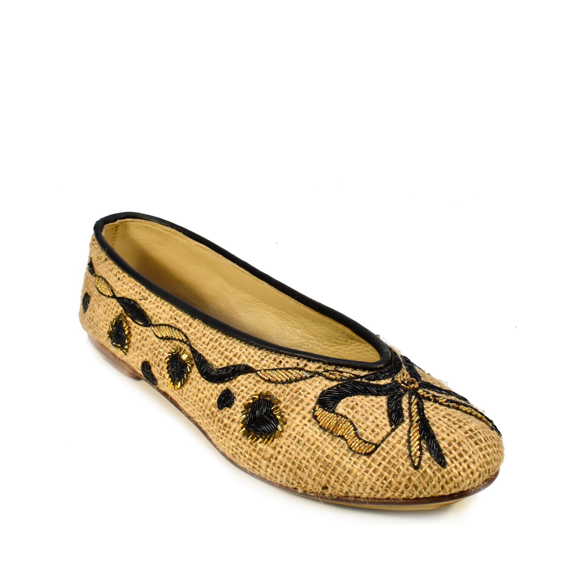 Sustainable Darcey Ballet flats by Meher Kakalia, with elegant hand-embroidered dapka on jute and leather trim.