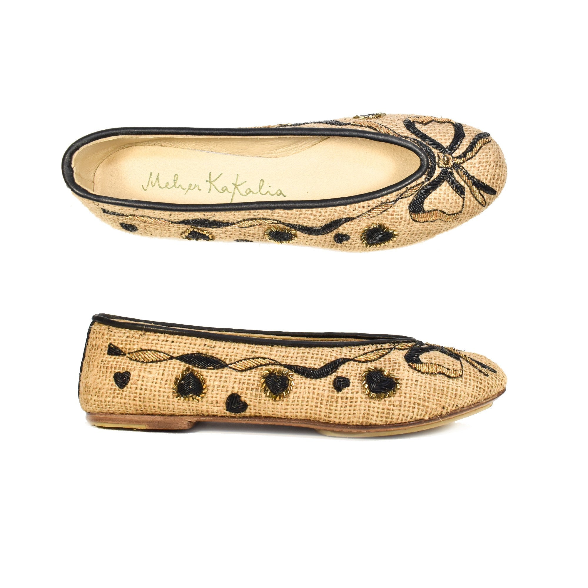 Meher Kakalia Darcey Ballet flats with eco-friendly jute and dapka embroidery. Handmade for elegance and sustainability.