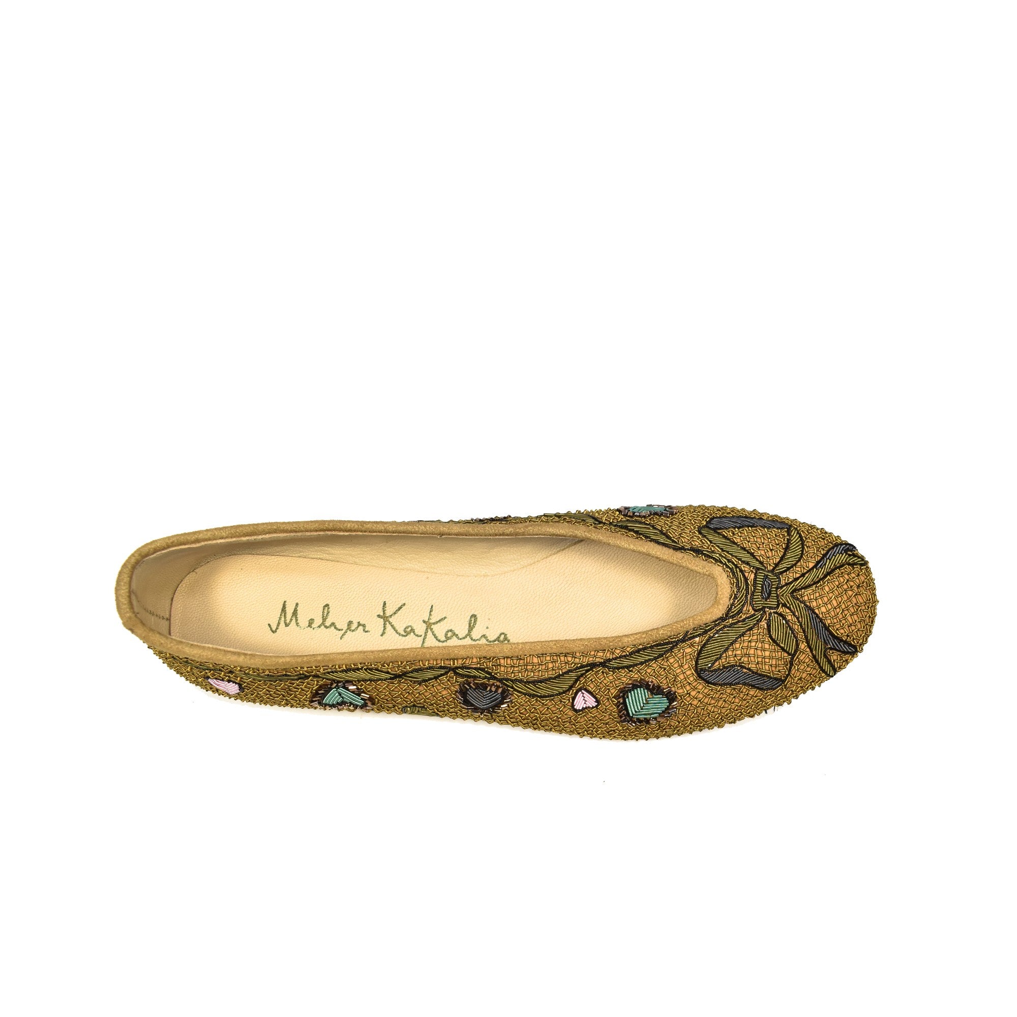 Handmade Ballet shoes with heart-shaped embroidery and rich textures, made from eco-friendly materials.