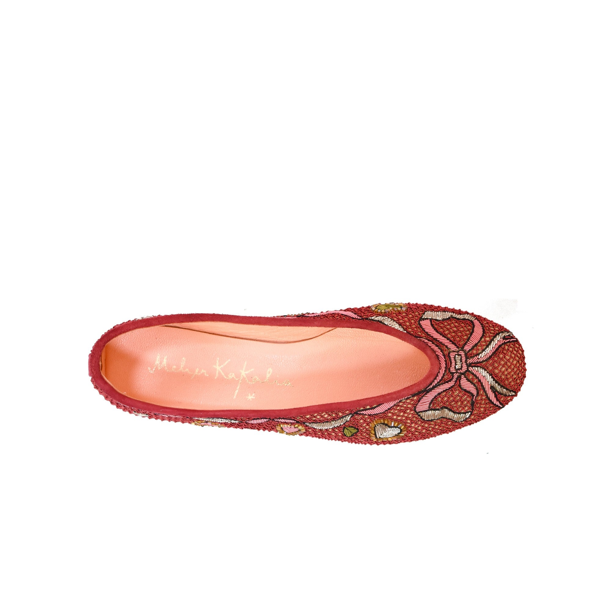 Red ballet flats featuring intricate embroidery and heart accents, ideal for special events.