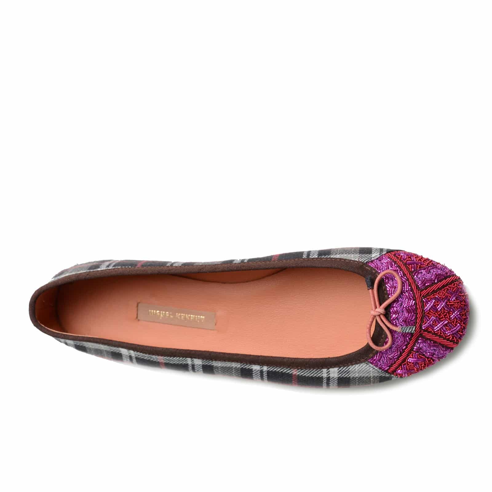 Tartan ballet flat with a pink and purple embroidered toe and coral trim