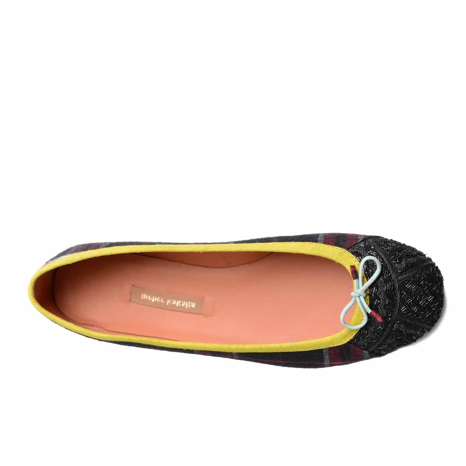 Meher Kakalia tartan ballet flats with black embroidery and light blue bow
