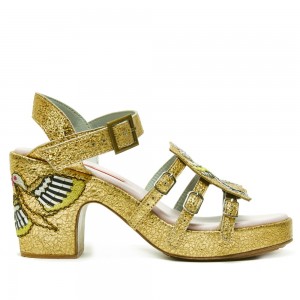 Meher Kakalia e-shop GOLD HOPPER splash gold by Meher Kakalia – gold leather sandal with embroidered bird heel