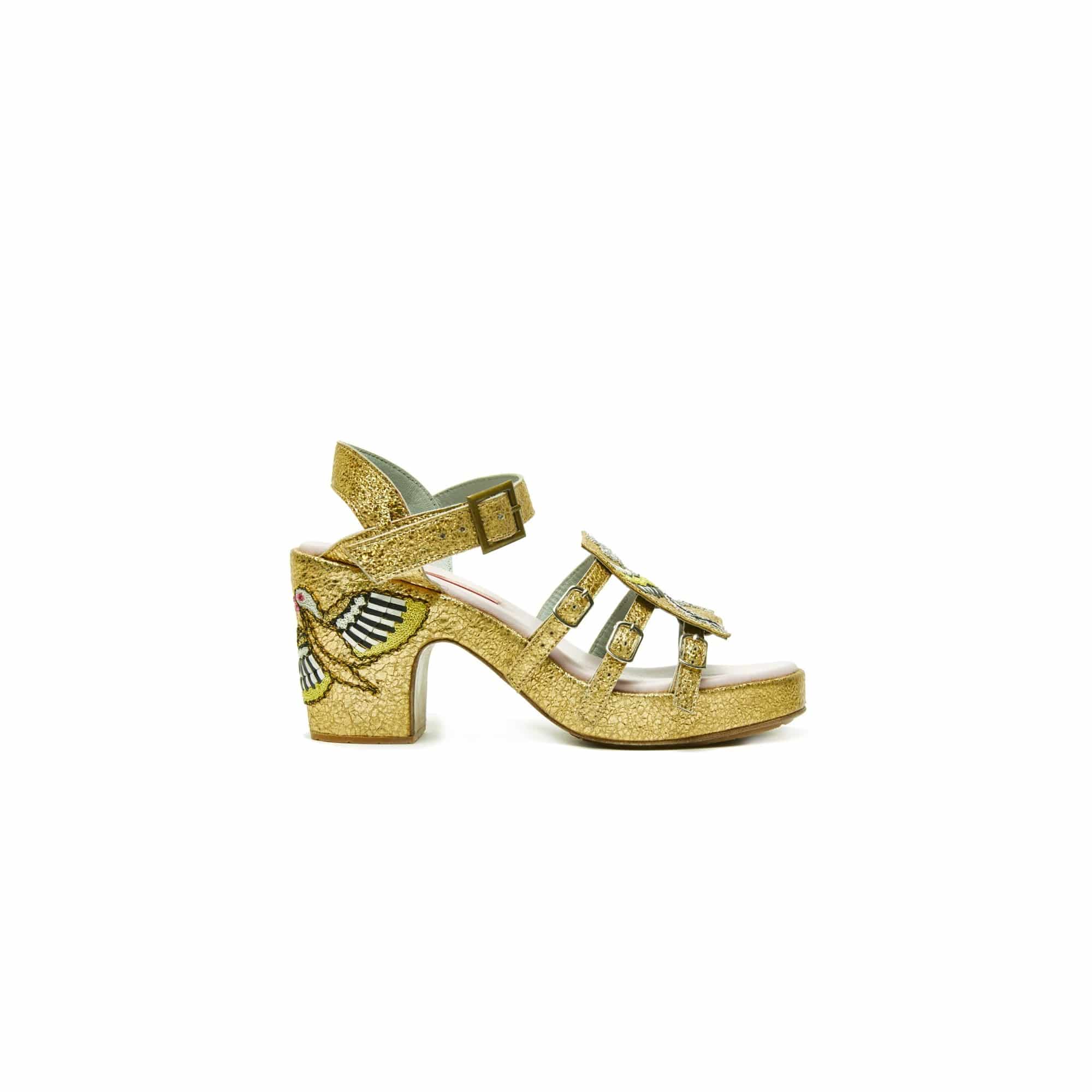 Meher Kakalia GOLD HOPPER splash gold by Meher Kakalia – gold leather sandal with embroidered bird heel