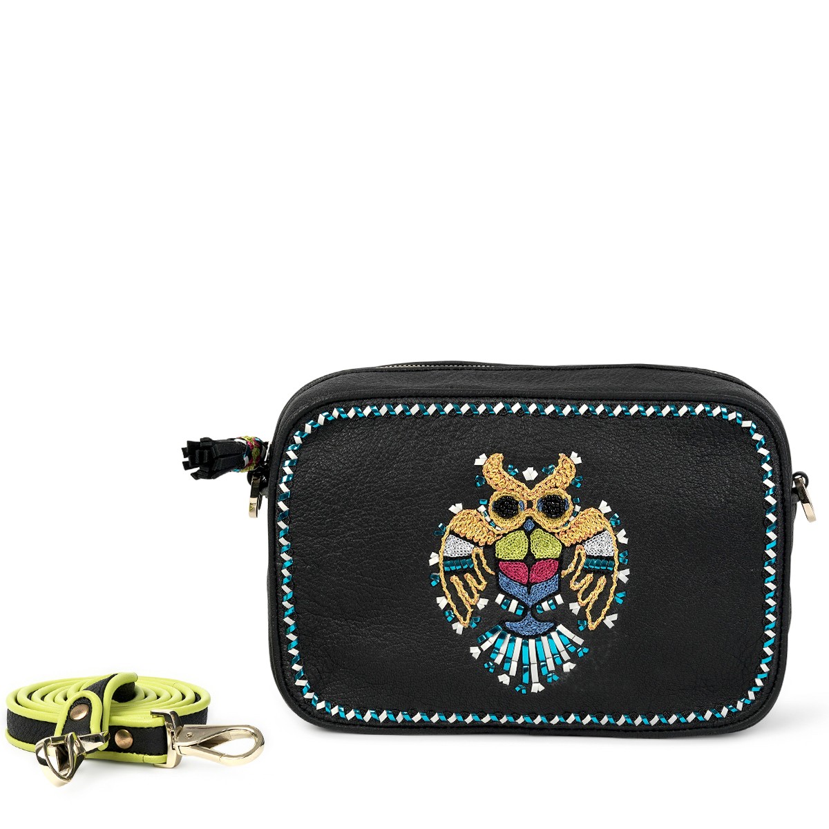 Black leather camera bag with multicoloured embroidered bird motif and turquoise-white braided trim.