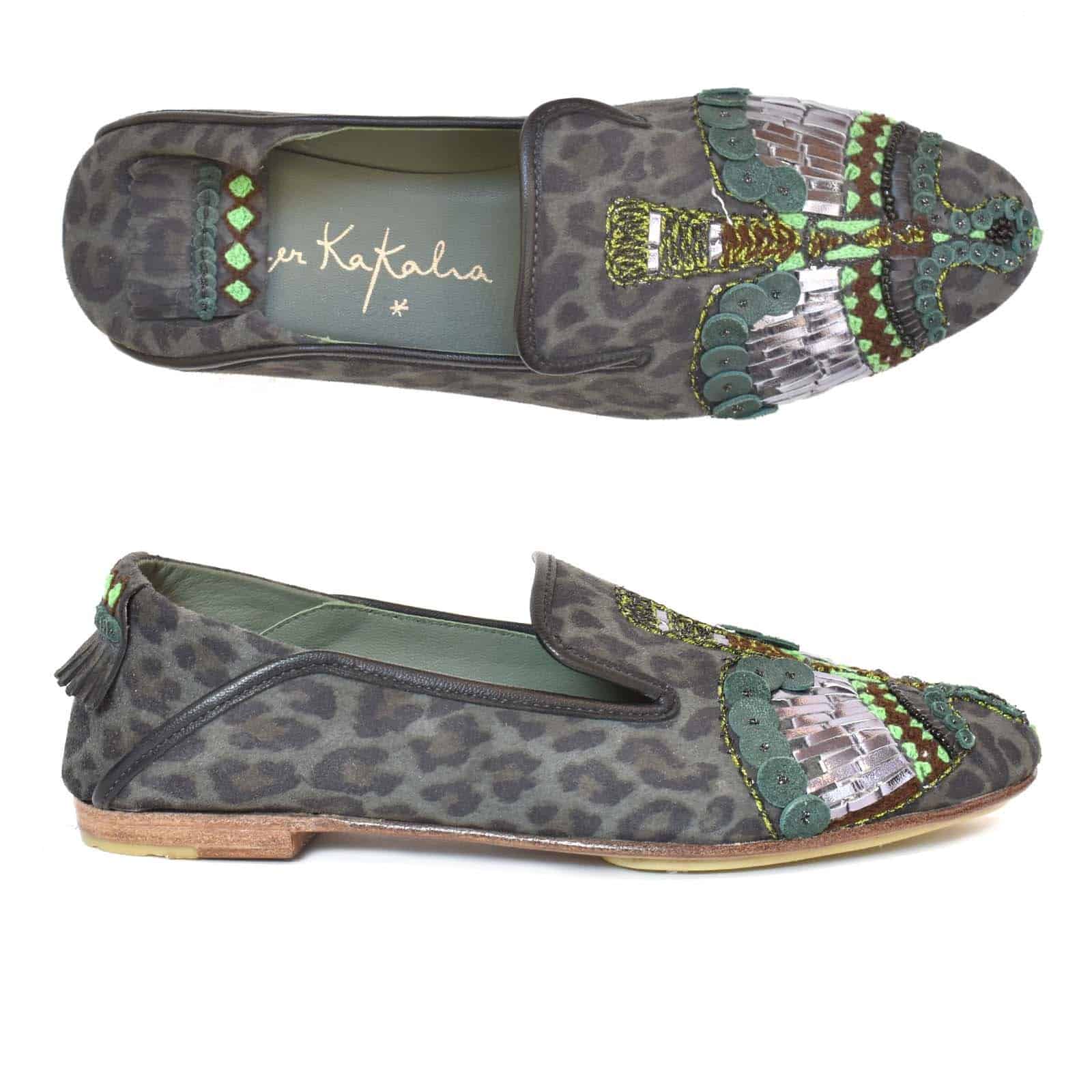 Meher Kakalia ANZU moccasin in leopard shadow suede with metallic embroidery and fold-down heel