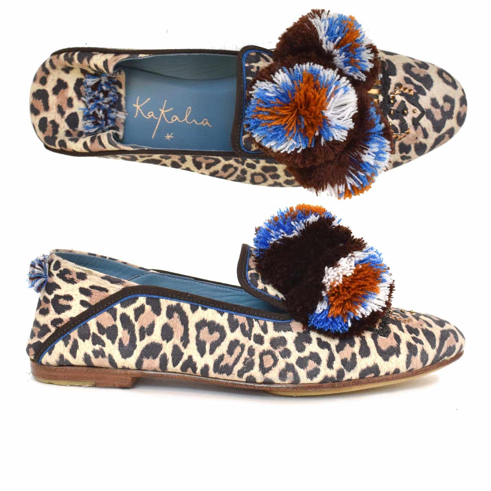 Leopard suede moccasins with handwoven brown and blue pompoms – BAY style by Meher Kakalia