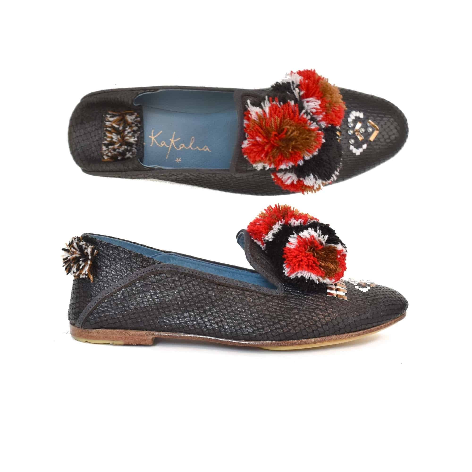Meher Kakalia BAY moccasin in snakeskin-embossed leather with red pompoms by Meher Kakalia