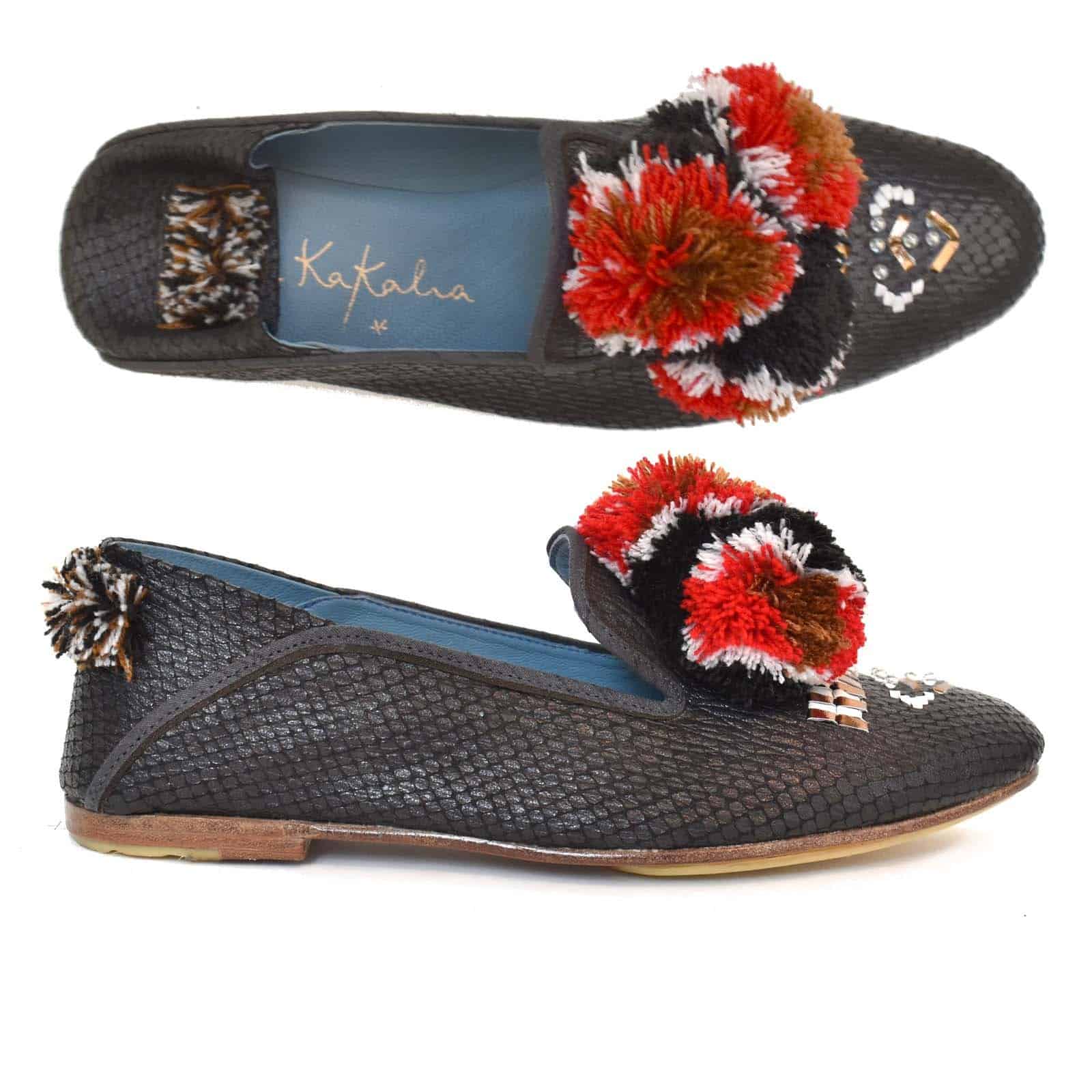 BAY moccasin in snakeskin-embossed leather with red pompoms by Meher Kakalia