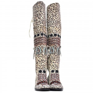 Designer embroidered boots by Meher Kakalia in leopard cream with secure lace-up finish