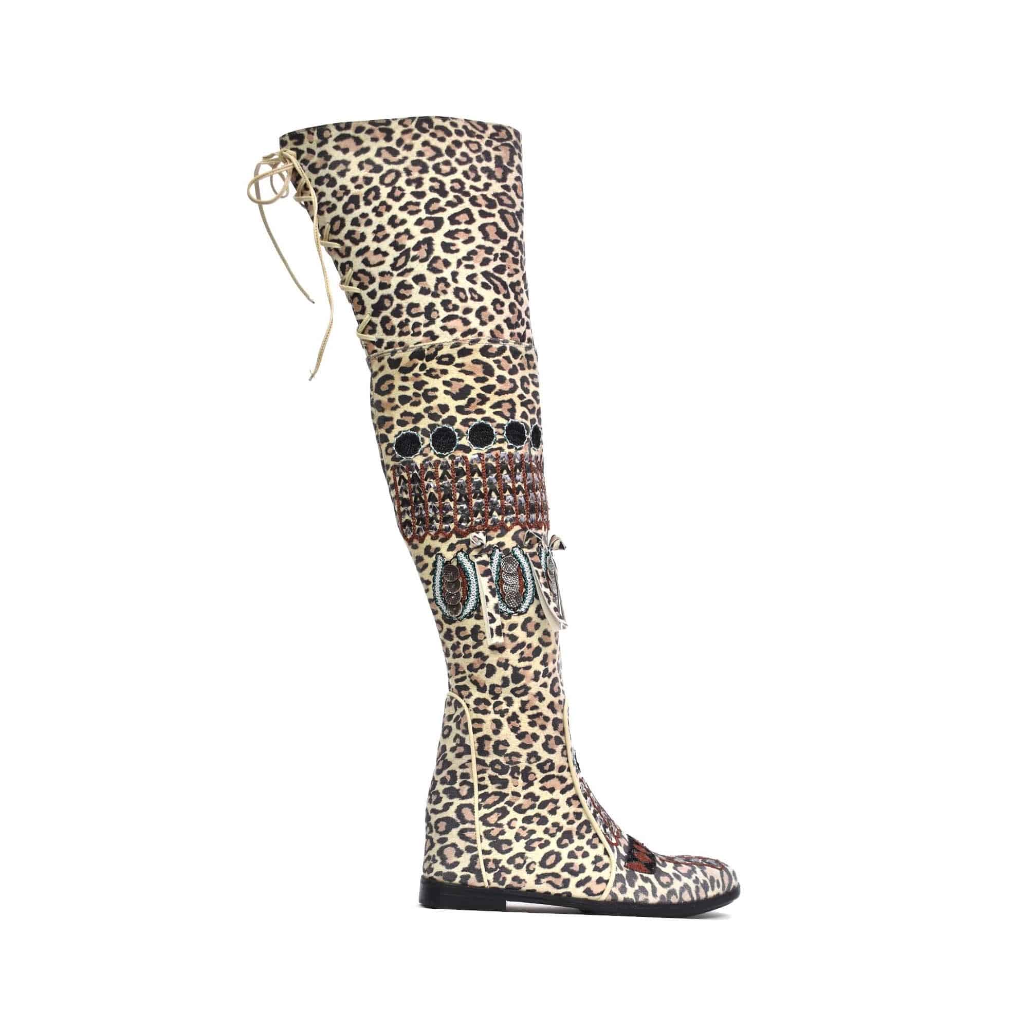 Meher Kakalia Kandy Boot in leopard-print leather with Mughal-inspired embroidery