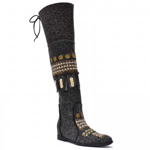 Luxury over-knee boots in dark leopard leather with artisan embroidery and decorative leather appliqués.