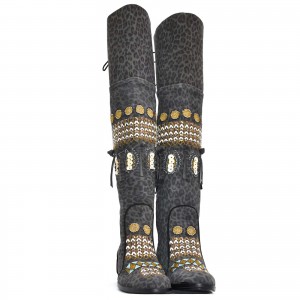 Designer over-knee boots in leopard shadow leather with Mughal-style embroidery and concealed wedge heel.