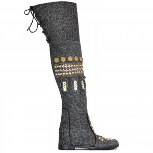 Meher Kakalia aw24 Over-knee boots in shadow leopard-print leather with Mughal-inspired embroidery and layered leather appliqué detailing.