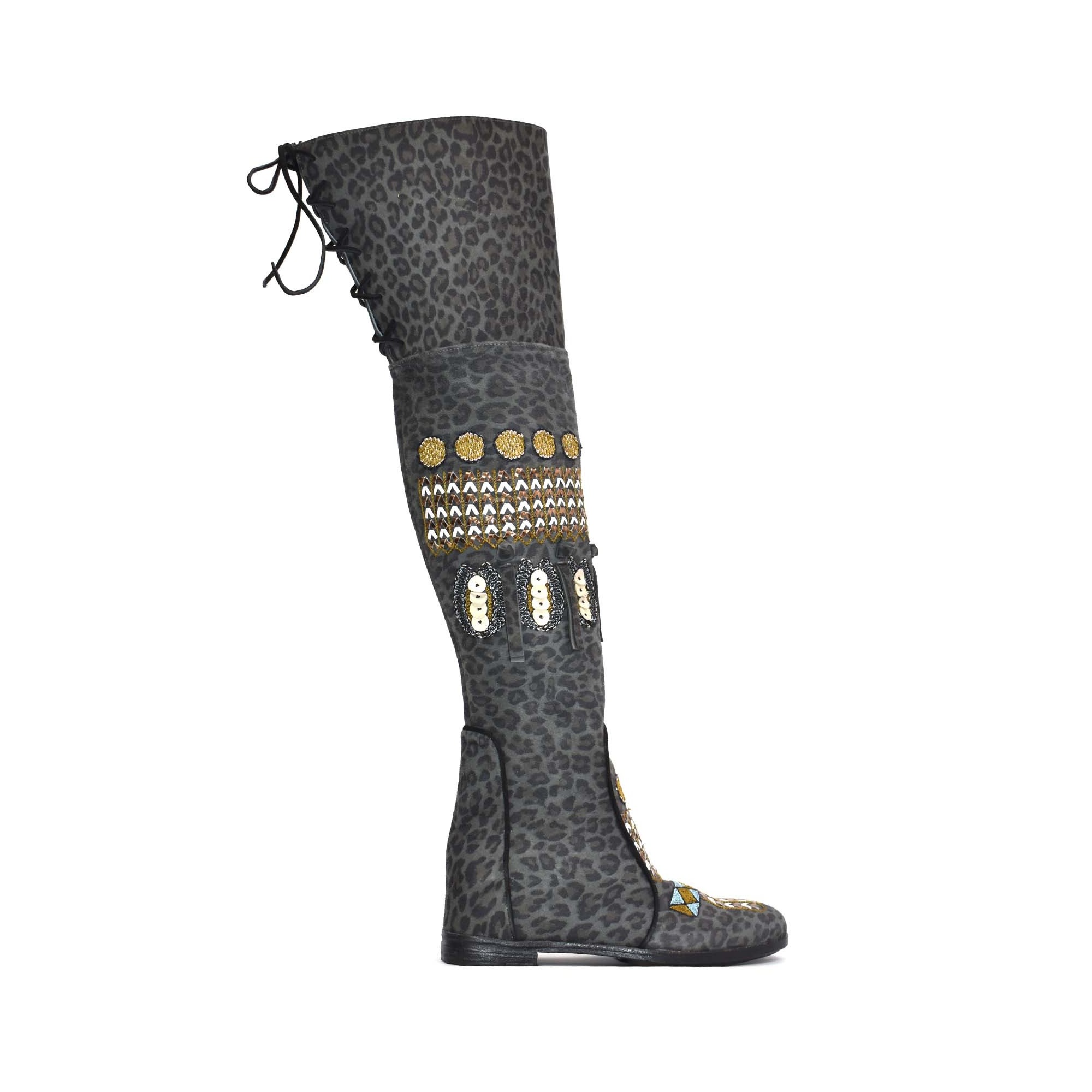 Meher Kakalia Over-knee boots in shadow leopard-print leather with Mughal-inspired embroidery and layered leather appliqué detailing.