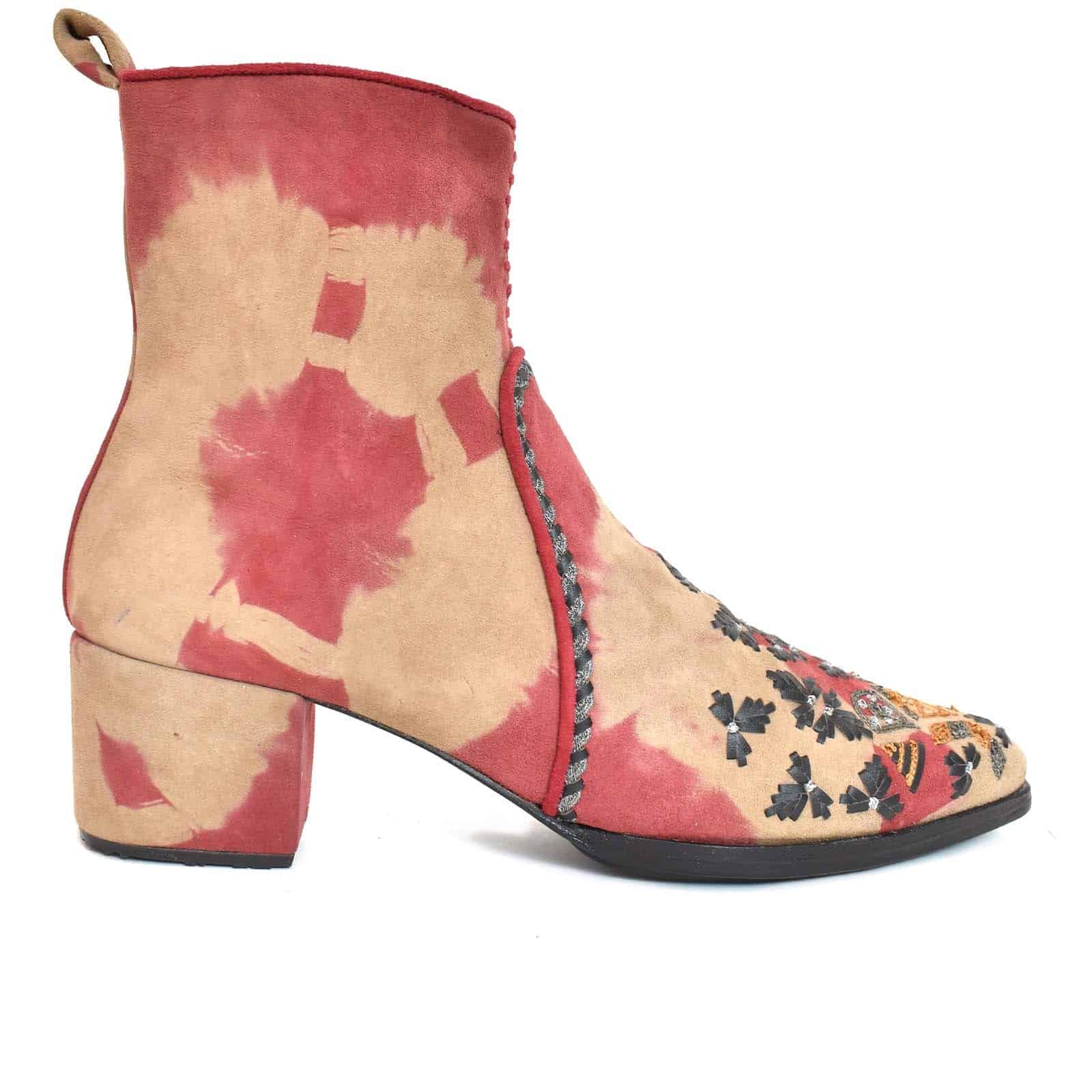 MANI Point Heel Boot in TD Red Beige – tie-dye suede ankle boot with embroidery, side view