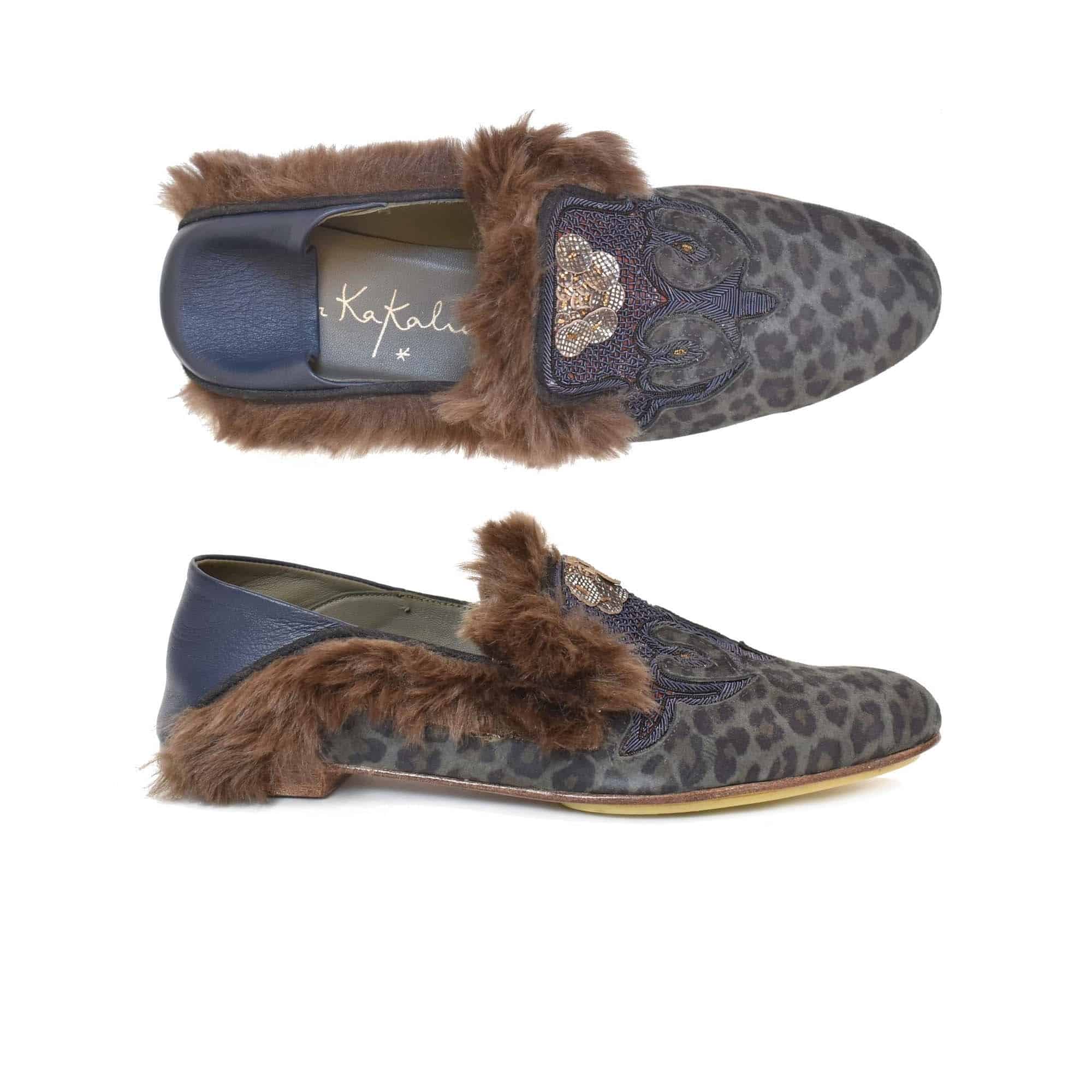 Meher Kakalia Ottoman moccasins in leopard-print leather with faux fur