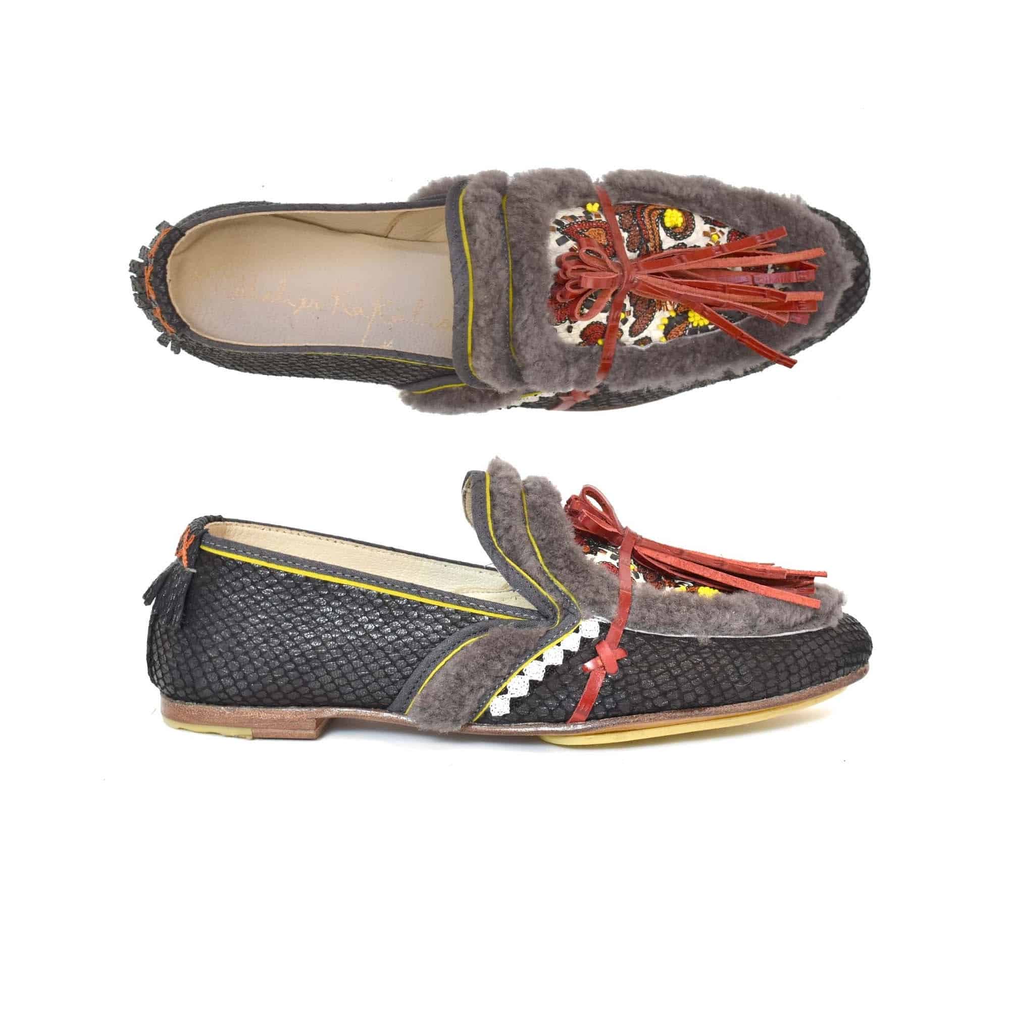 Meher Kakalia Meher Kakalia OUD loafers in black snake-embossed leather with red embroidery and shearling