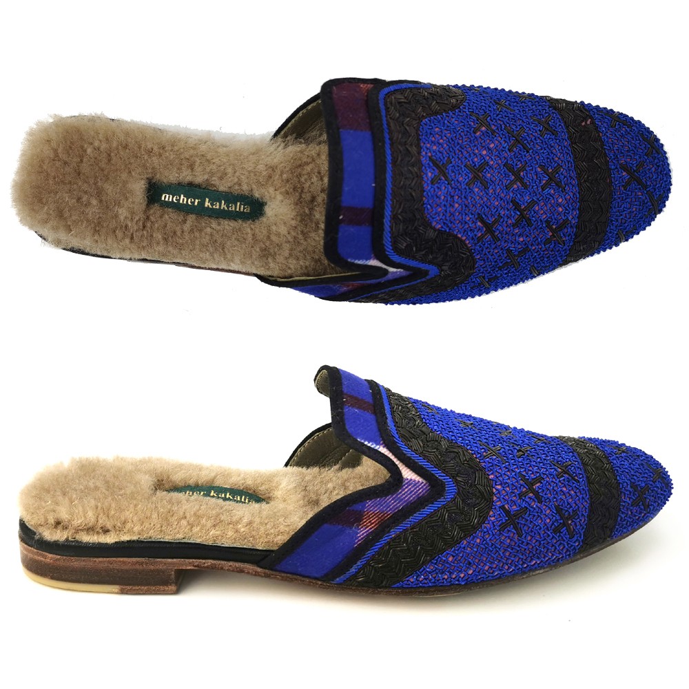 Meher Kakalia Queen Paraty slipper in blue tartan Dundee/Ibadan with embroidery and shearling insole