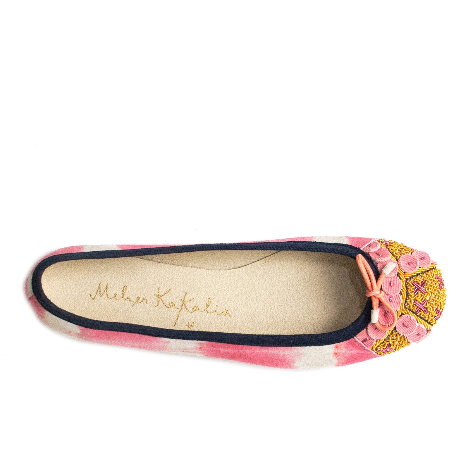 Tie-dye pink ballet flat with a pink and gold embroidered toe and dark trim