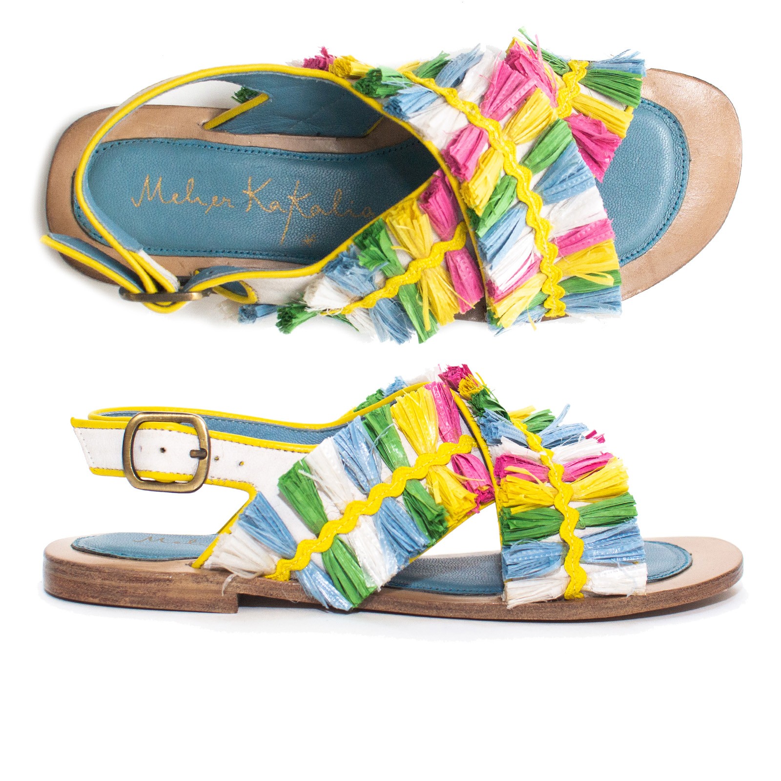 Rainbow raffia flat sandals in white leather, handcrafted for summer and pride.