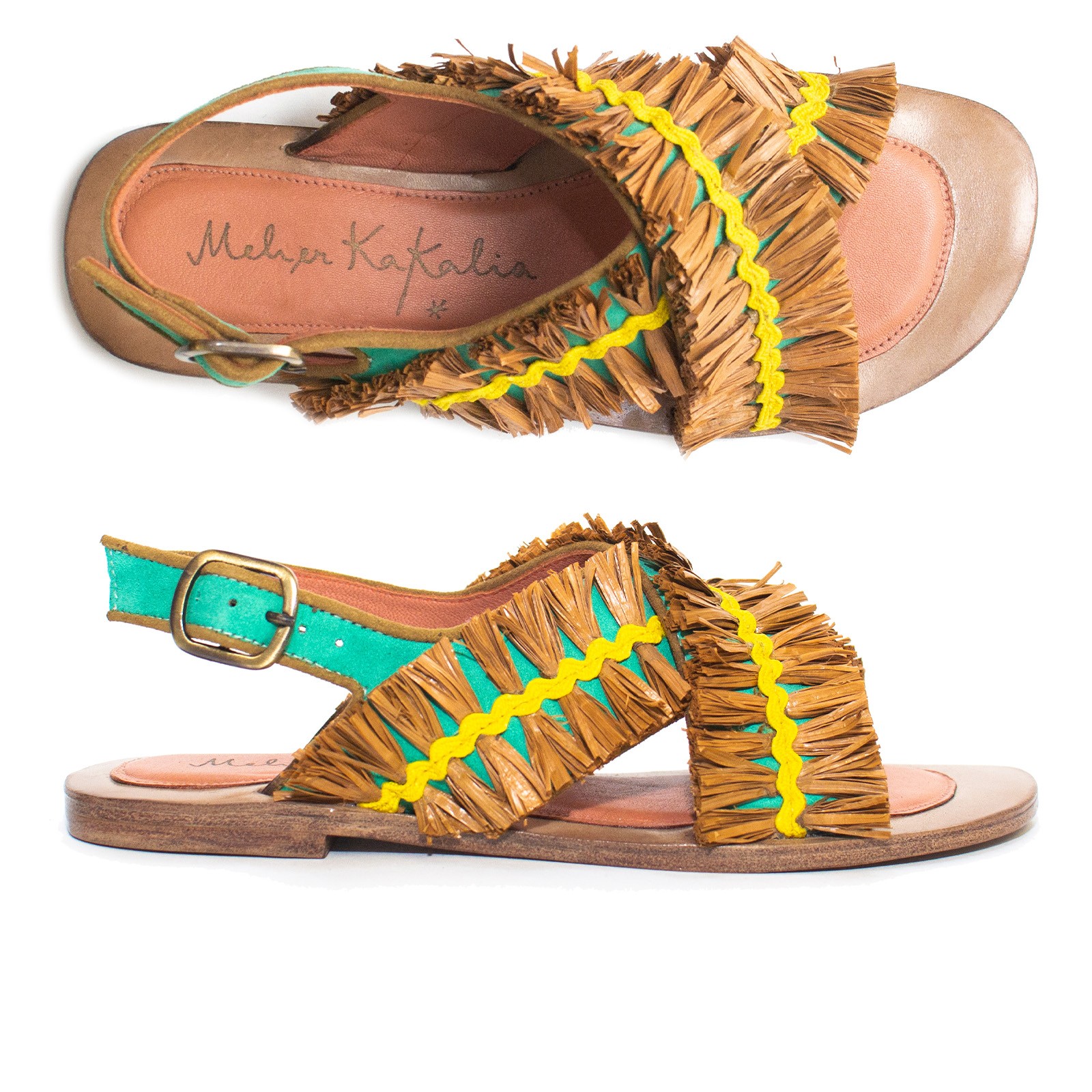 Flat sandals in turquoise suede with brown raffia and yellow zig-zag embroidery.
