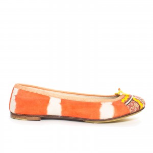 Tie-dye orange ballet flat with yellow bow and embroidered toe