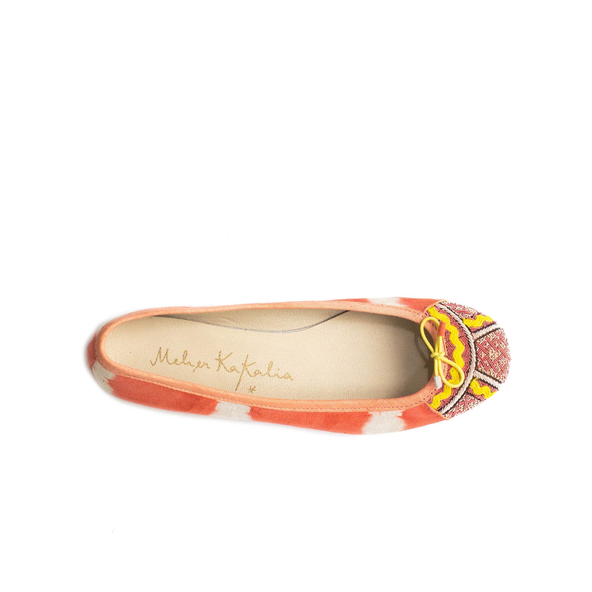 Meher Kakalia Tie-dye orange ballet flat with a yellow and pink embroidered toe
