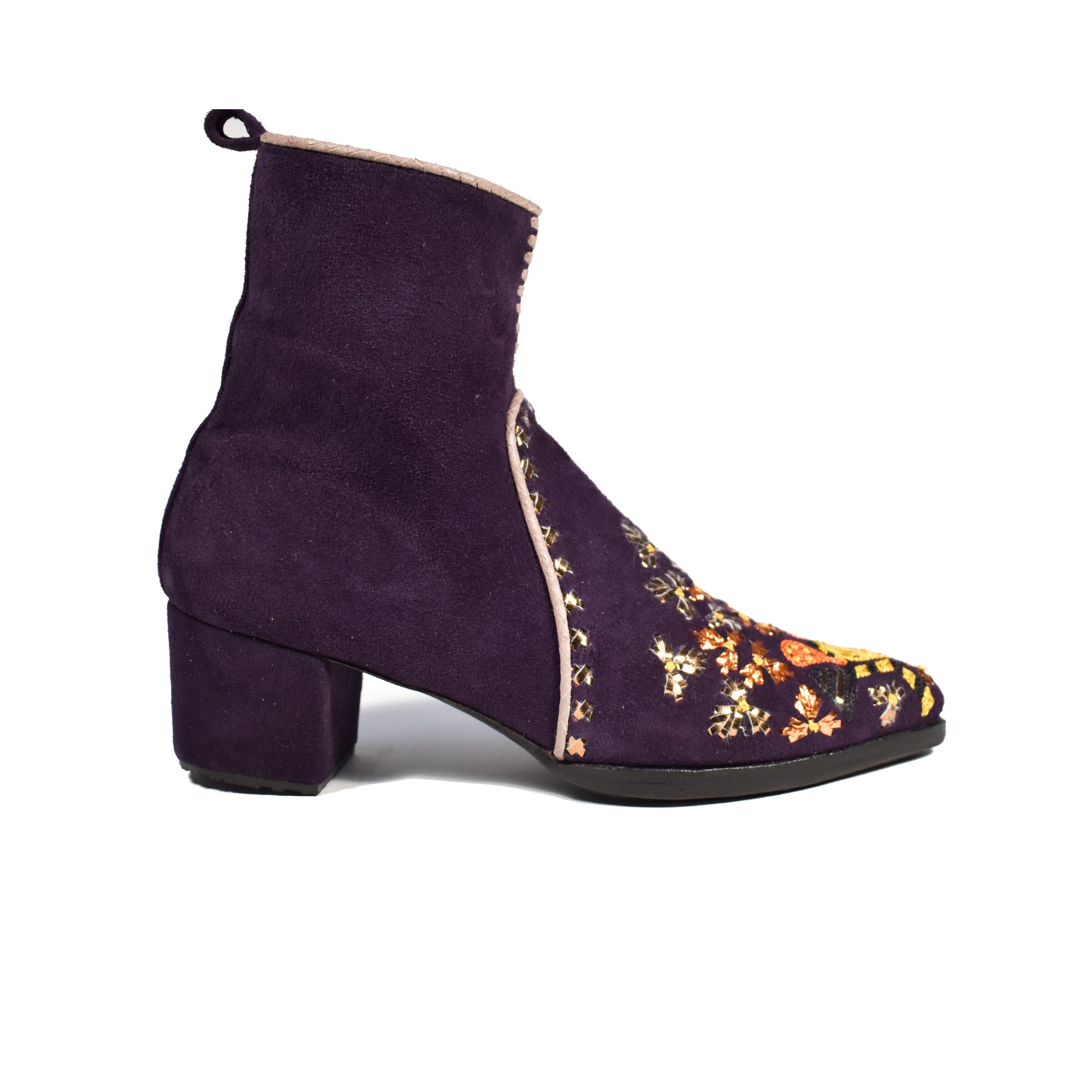 Meher Kakalia Purple suede ankle boots with block heel and embroidered front – Mani Point Heel by Meher Kakalia