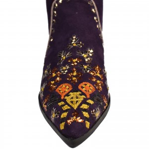 Meher Kakalia artisan-crafted purple suede boots with pointed toe and floral embroidery