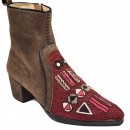 Meher KakaliaBrown suede Bauhaus Point boot with burgundy geometric embroidery