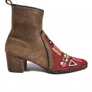 Meher KakaliaBeaten brown suede ankle boot with burgundy tribal embroidery and pointed toe