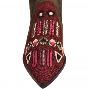 Suede ankle boot with Mughal-inspired dabka embroidery in burgundy tones