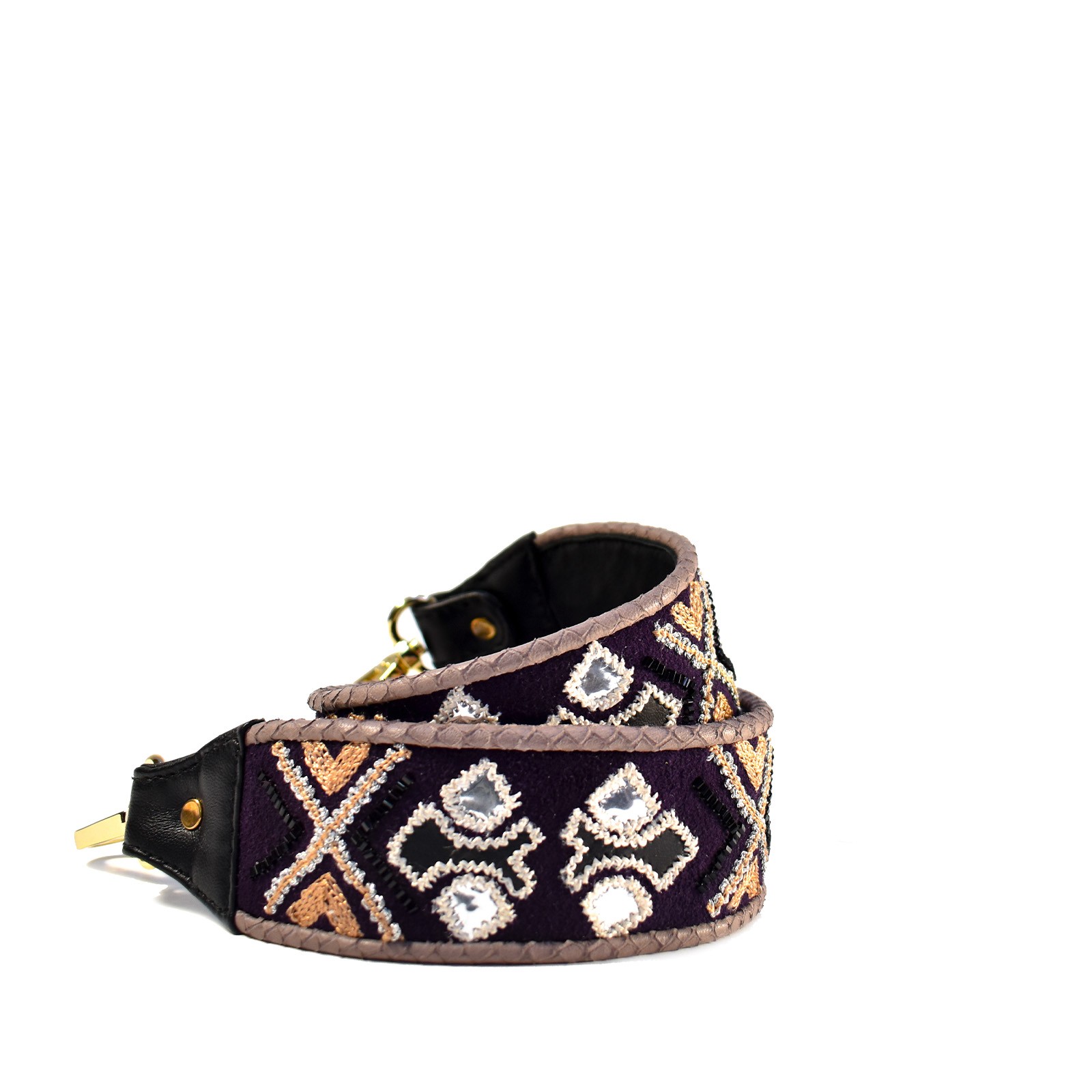 Meher Kakalia embroidered suede bag strap in purple