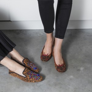 Meher Kakalia BIZI Ballet Flats in leopard rust/brown, crafted from silky Nappa leather with unique hand embroidery.