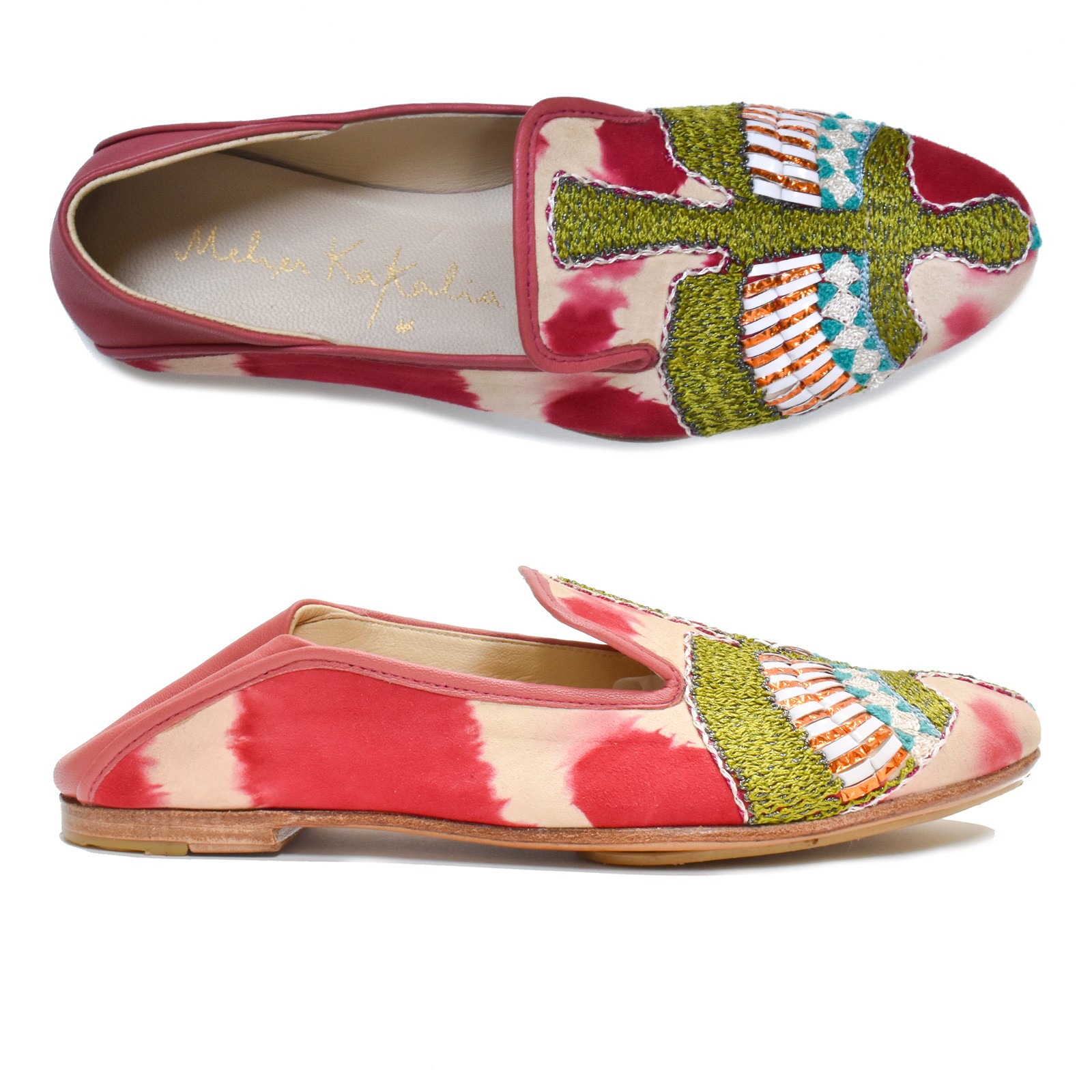 Meher Kakalia ANZU Moccasin in TD Raspberry, Hand-Embroidered Tie-Dye Suede Flats