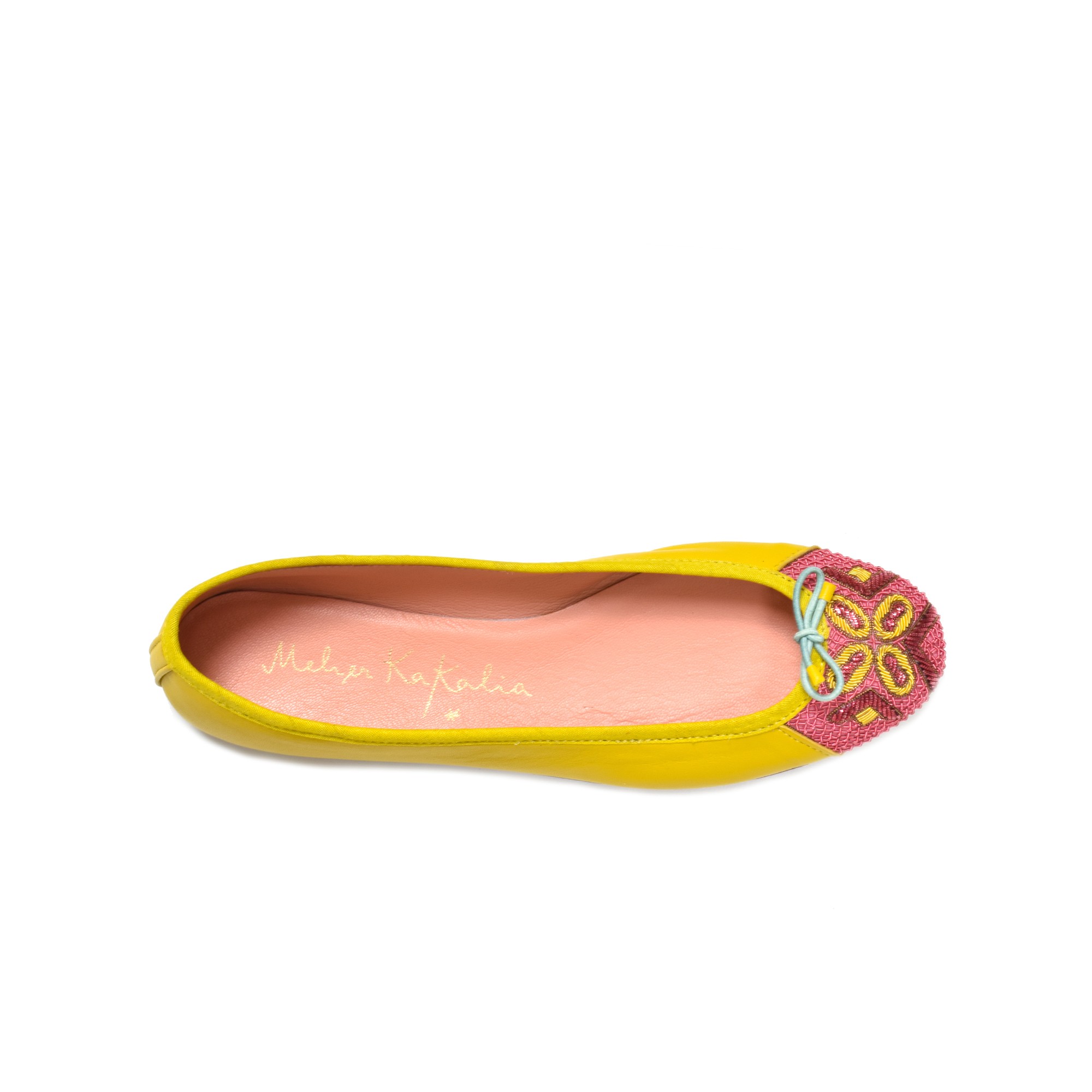 Meher Kakalia Meher Kakalia Bizi Ballet Flats in Yellow and Pink with Hand-Embroidered Toe Cap, Eco-Friendly Leather Flats