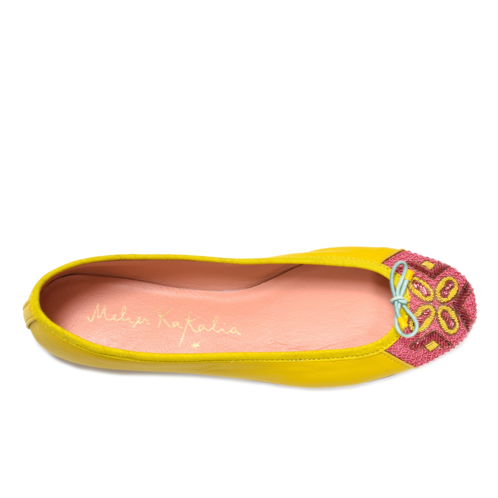 Meher Kakalia Bizi Ballet Flats in Yellow and Pink with Hand-Embroidered Toe Cap, Eco-Friendly Leather Flats