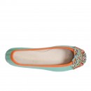 Meher KakaliaHandmade mint ballet flat with orange trim and detailed embroidered toe