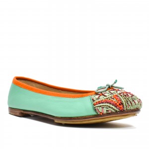 Turquoise ballet flat with orange trim and handcrafted embroidery by Meher Kakalia