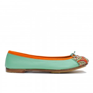 Meher Kakalia BIZI flat in turquoise leather with coral and gold beaded toe detail
